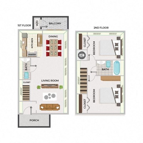 Floor plan for 2 beds, 1.5 baths, 1024 sqft